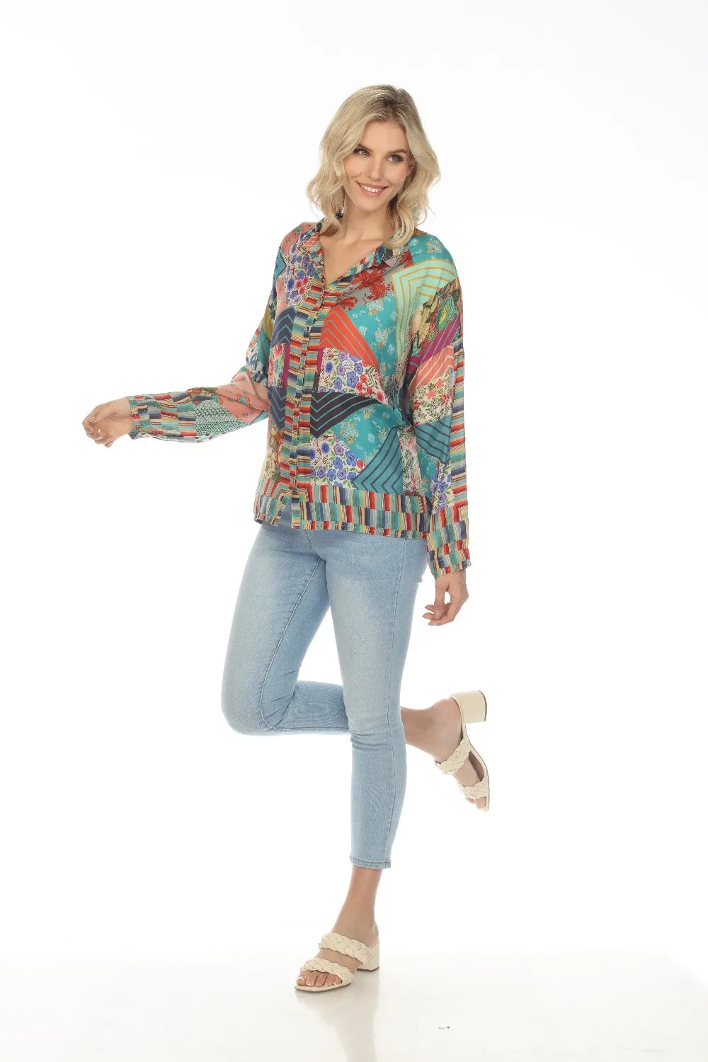 Johnny Was Imagination Kari Silk Printed Button-Down Top Boho Chic C15022