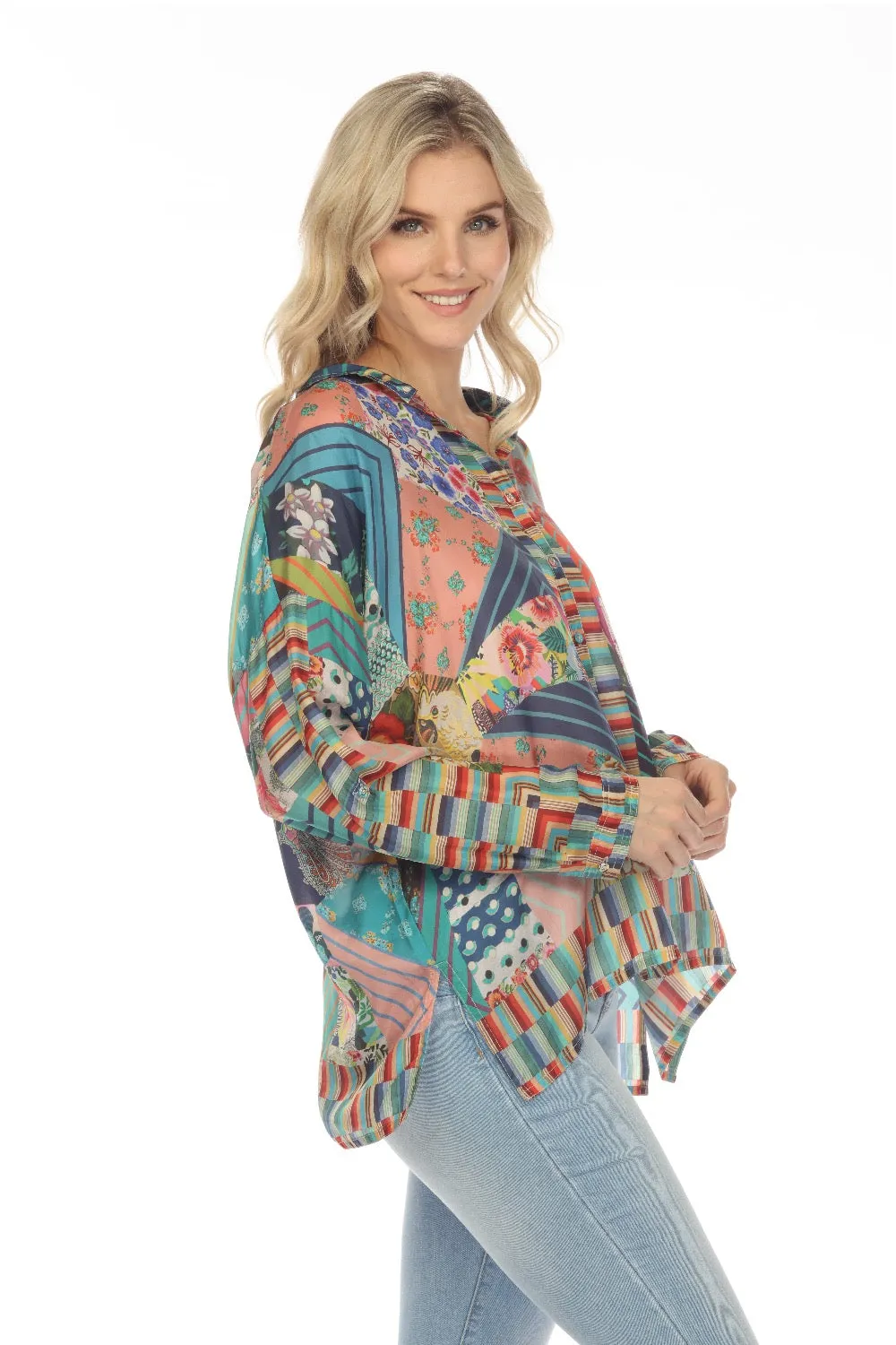 Johnny Was Imagination Kari Silk Printed Button-Down Top Boho Chic C15022