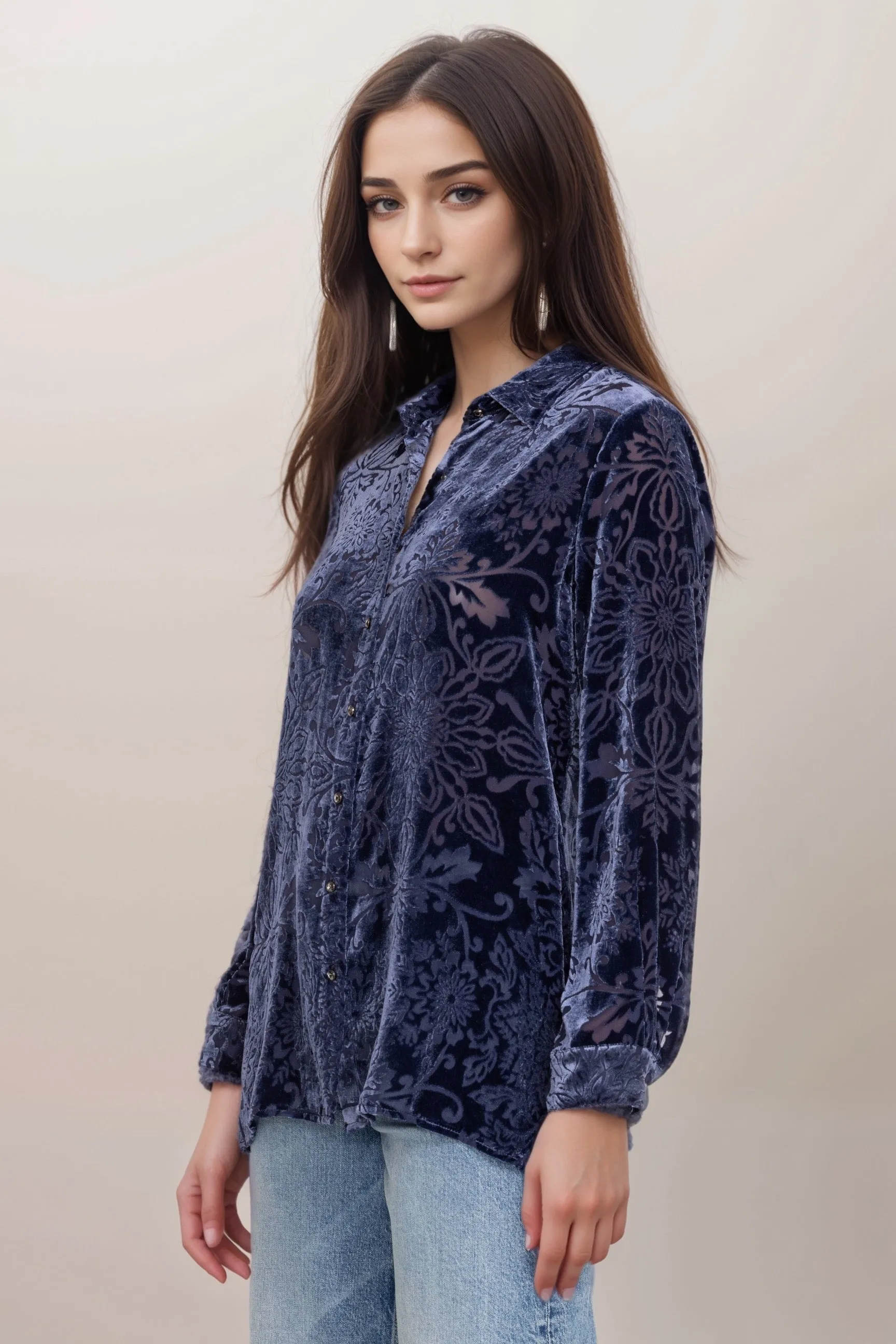 Johnny Was Jade Sapphire Blue Misty Long Sleeve Button Down Shirt L16924