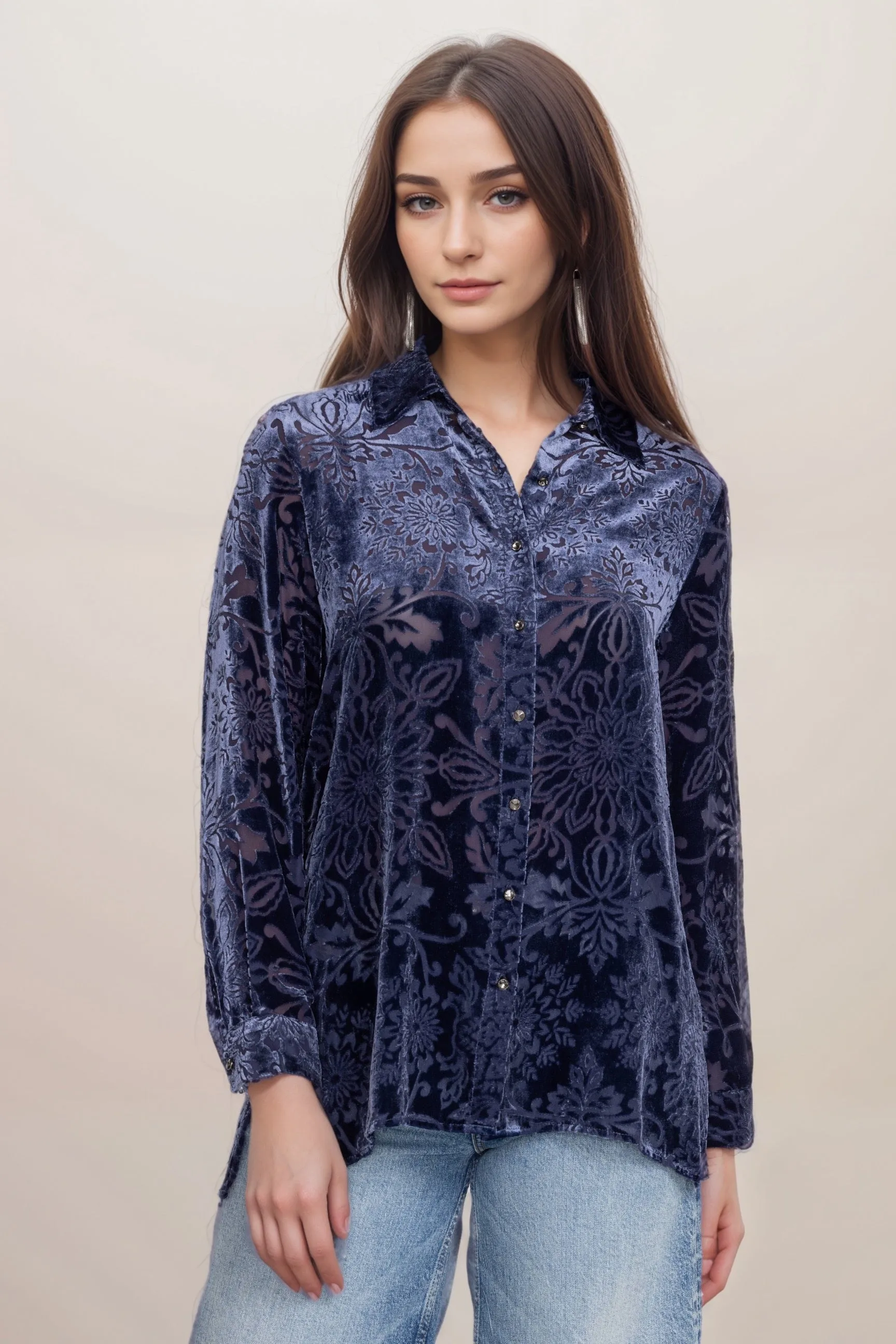 Johnny Was Jade Sapphire Blue Misty Long Sleeve Button Down Shirt L16924
