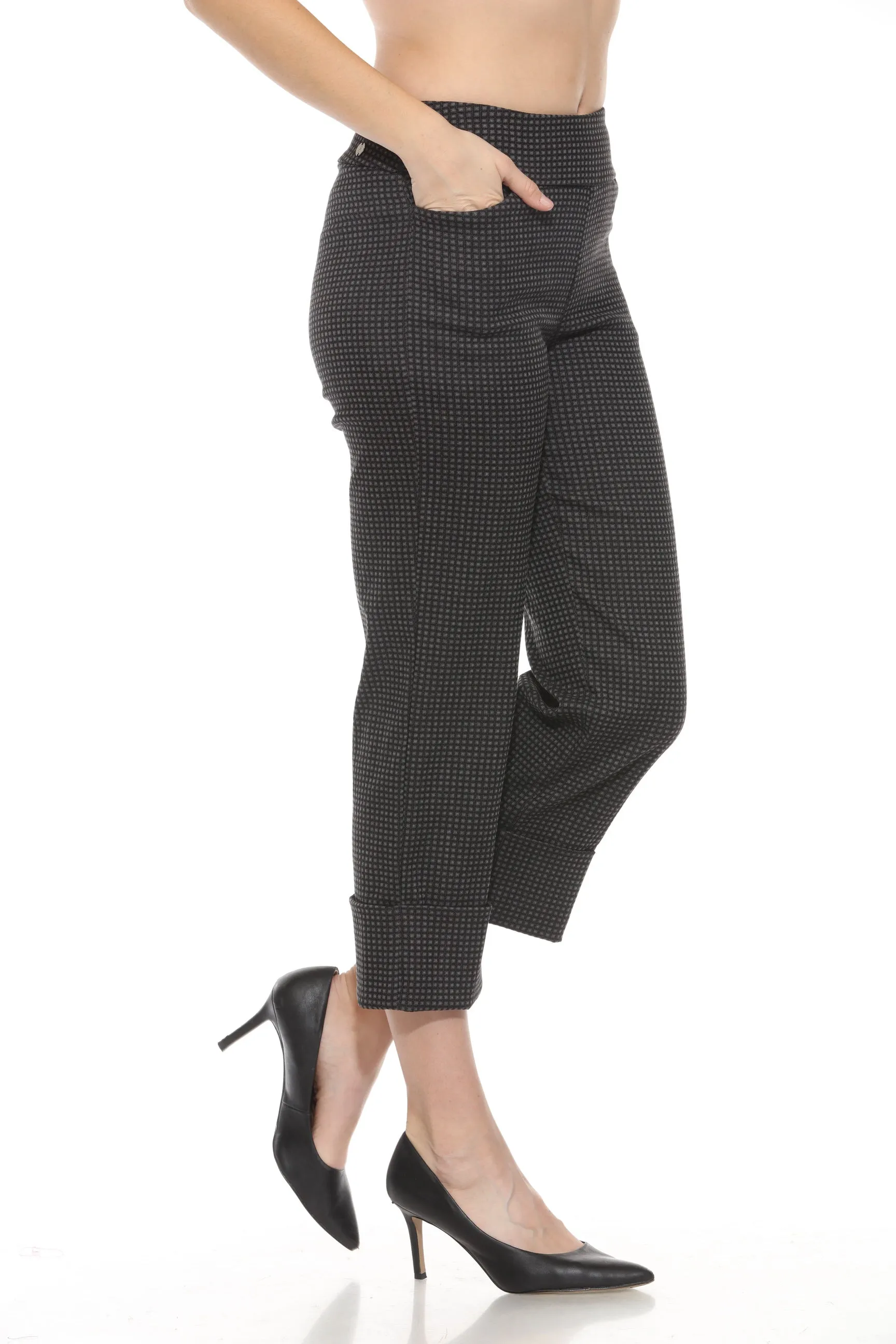 Joseph Ribkoff Black/Grey Check Pull On Roll Up Cropped Pants 243262