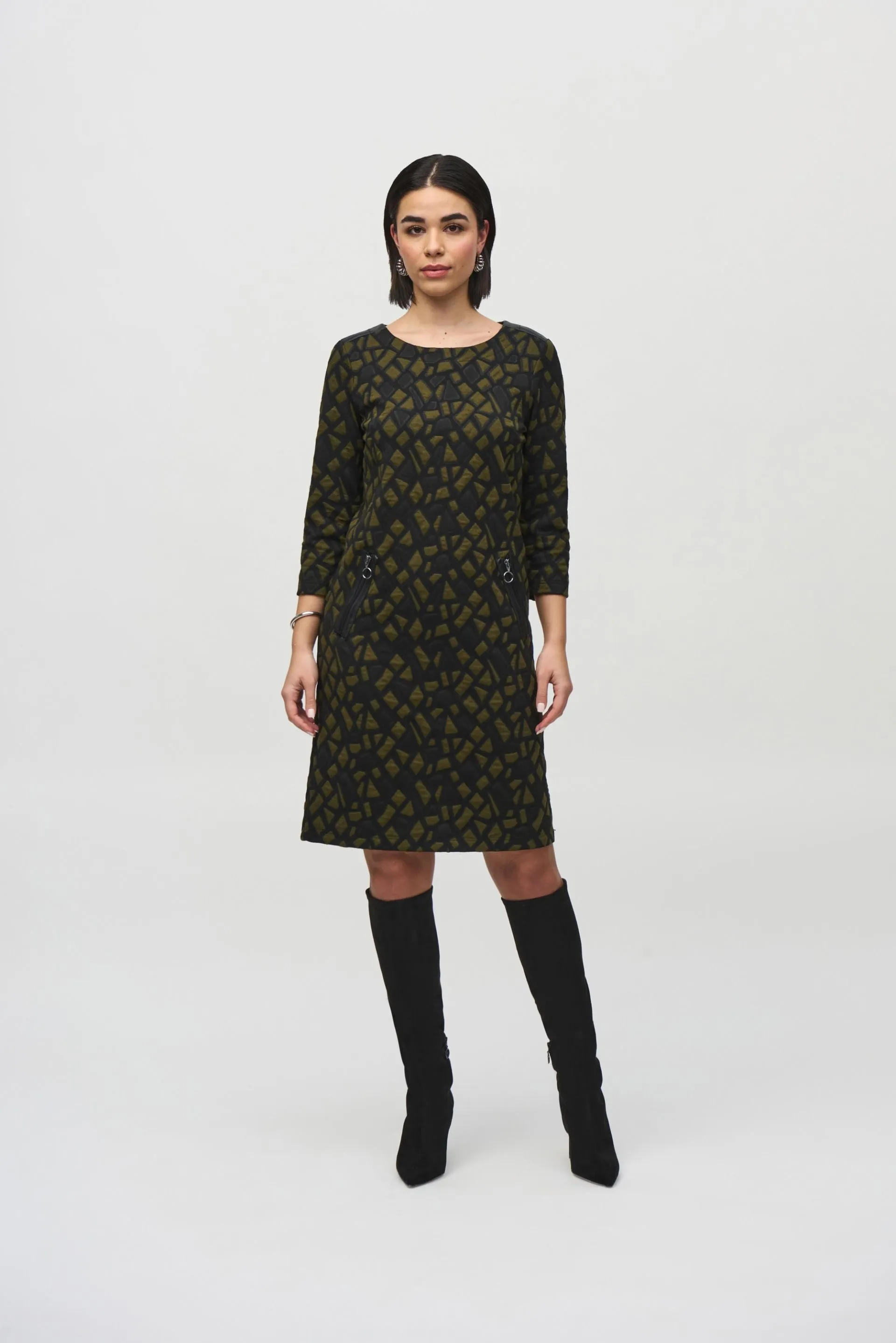 Joseph Ribkoff Olive/Black Geometric Jacquard Shift Dress 244039