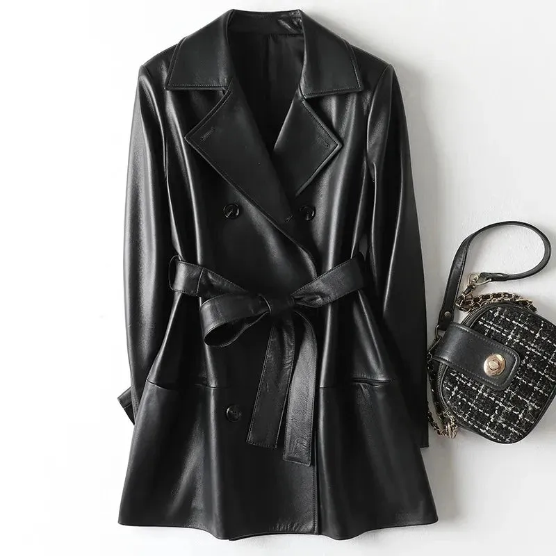 Julypalette 2023 New Real Leather Mid Length Trench Coat Chic Women Double Breasted Lace Up Sashes Lambskin Blazer Jackets