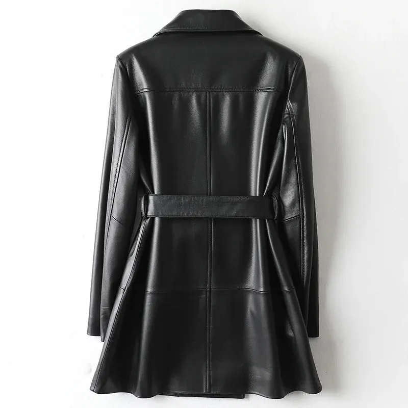 Julypalette 2023 New Real Leather Mid Length Trench Coat Chic Women Double Breasted Lace Up Sashes Lambskin Blazer Jackets
