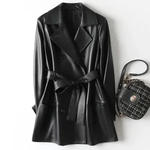 Julypalette 2023 New Real Leather Mid Length Trench Coat Chic Women Double Breasted Lace Up Sashes Lambskin Blazer Jackets