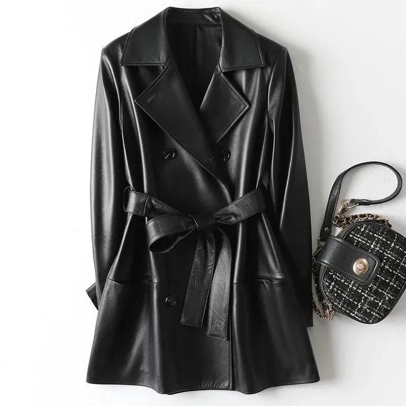 Julypalette 2023 New Real Leather Mid Length Trench Coat Chic Women Double Breasted Lace Up Sashes Lambskin Blazer Jackets