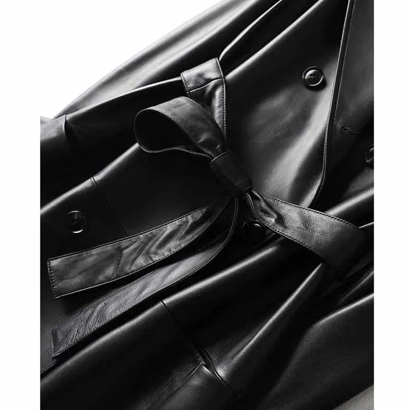Julypalette 2023 New Real Leather Mid Length Trench Coat Chic Women Double Breasted Lace Up Sashes Lambskin Blazer Jackets