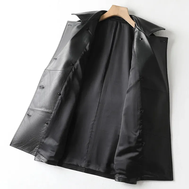 Julypalette 2023 New Real Leather Mid Length Trench Coat Chic Women Double Breasted Lace Up Sashes Lambskin Blazer Jackets