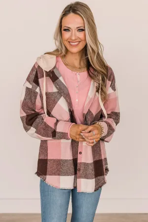 Just Can't Resist Hooded Plaid Top- Blush & Brown