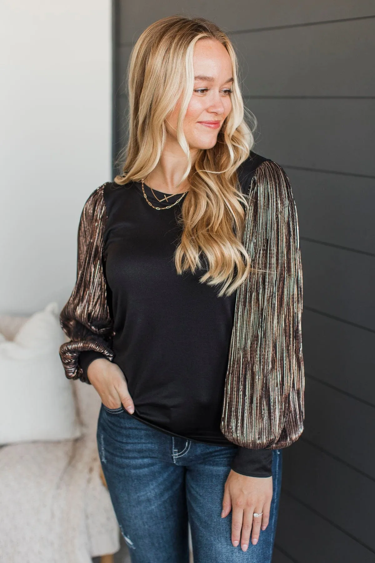 Keep It Forever Plisse Sleeve Top- Black