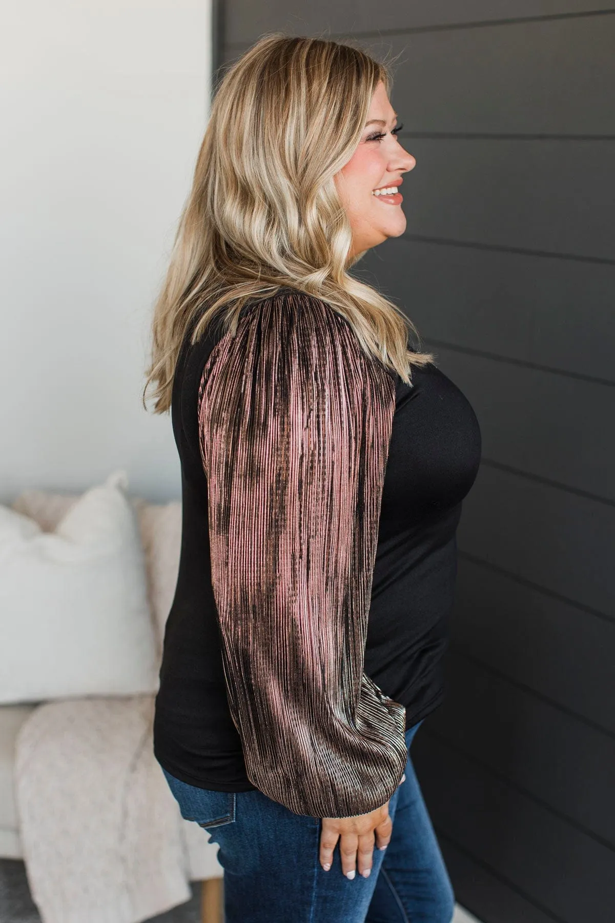 Keep It Forever Plisse Sleeve Top- Black