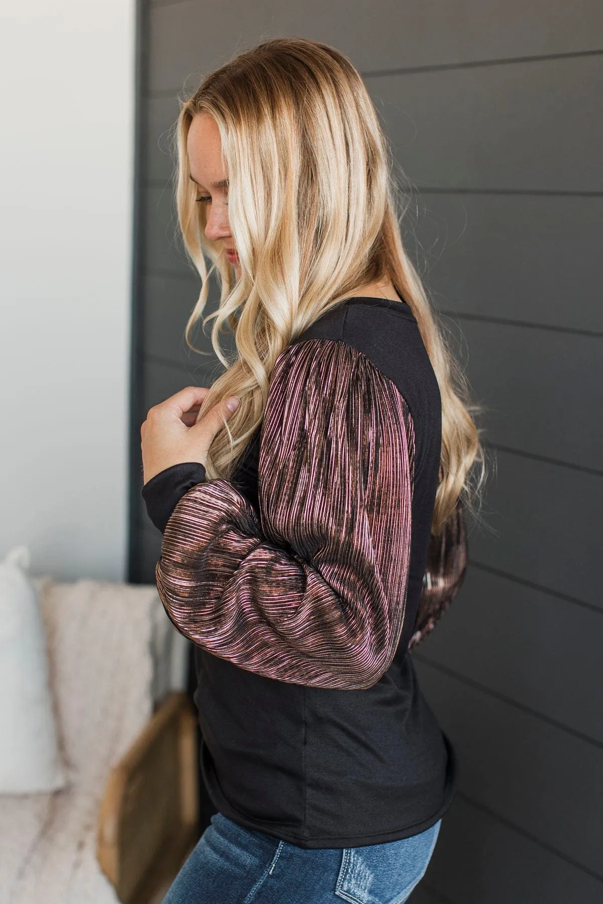 Keep It Forever Plisse Sleeve Top- Black