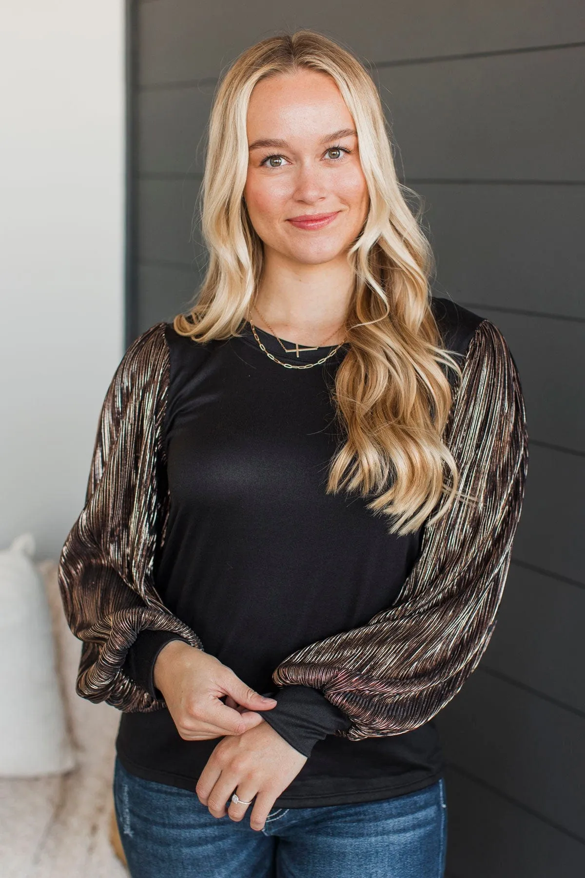 Keep It Forever Plisse Sleeve Top- Black