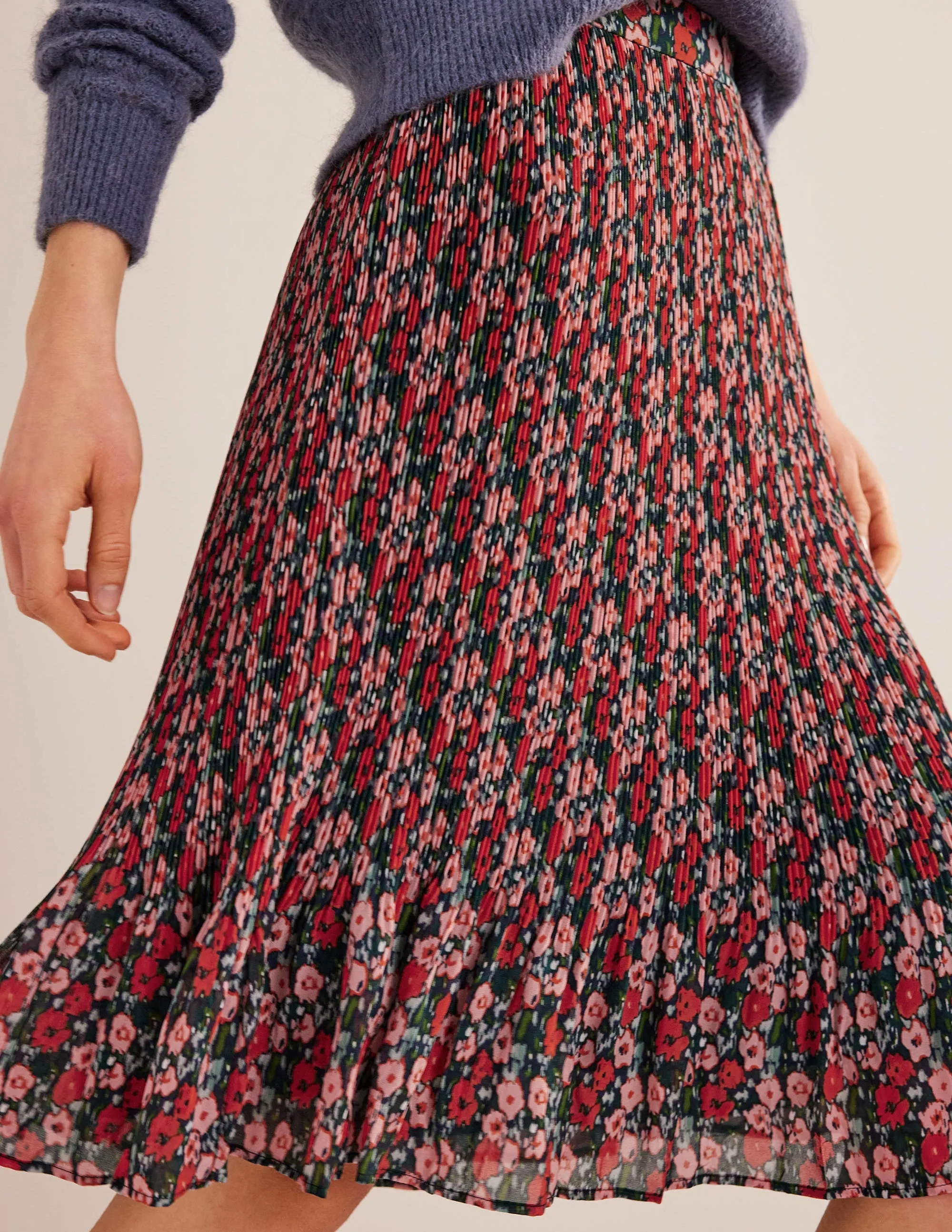 Knee Length Plisse Skirt-Multi, Abstract Poppy Small