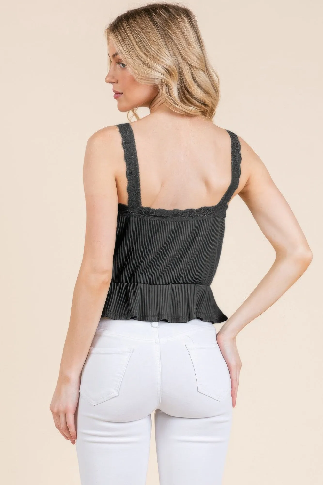 Lace Peplum Tie Front Ribbed Cami Top
