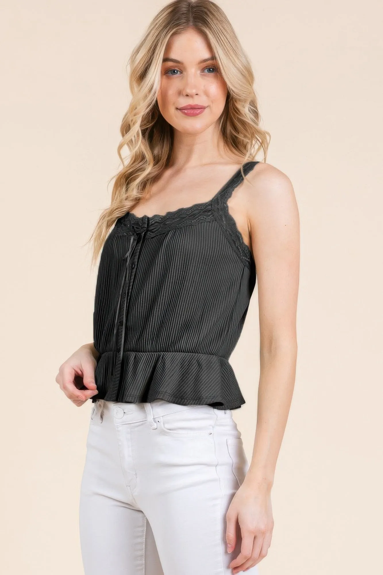 Lace Peplum Tie Front Ribbed Cami Top