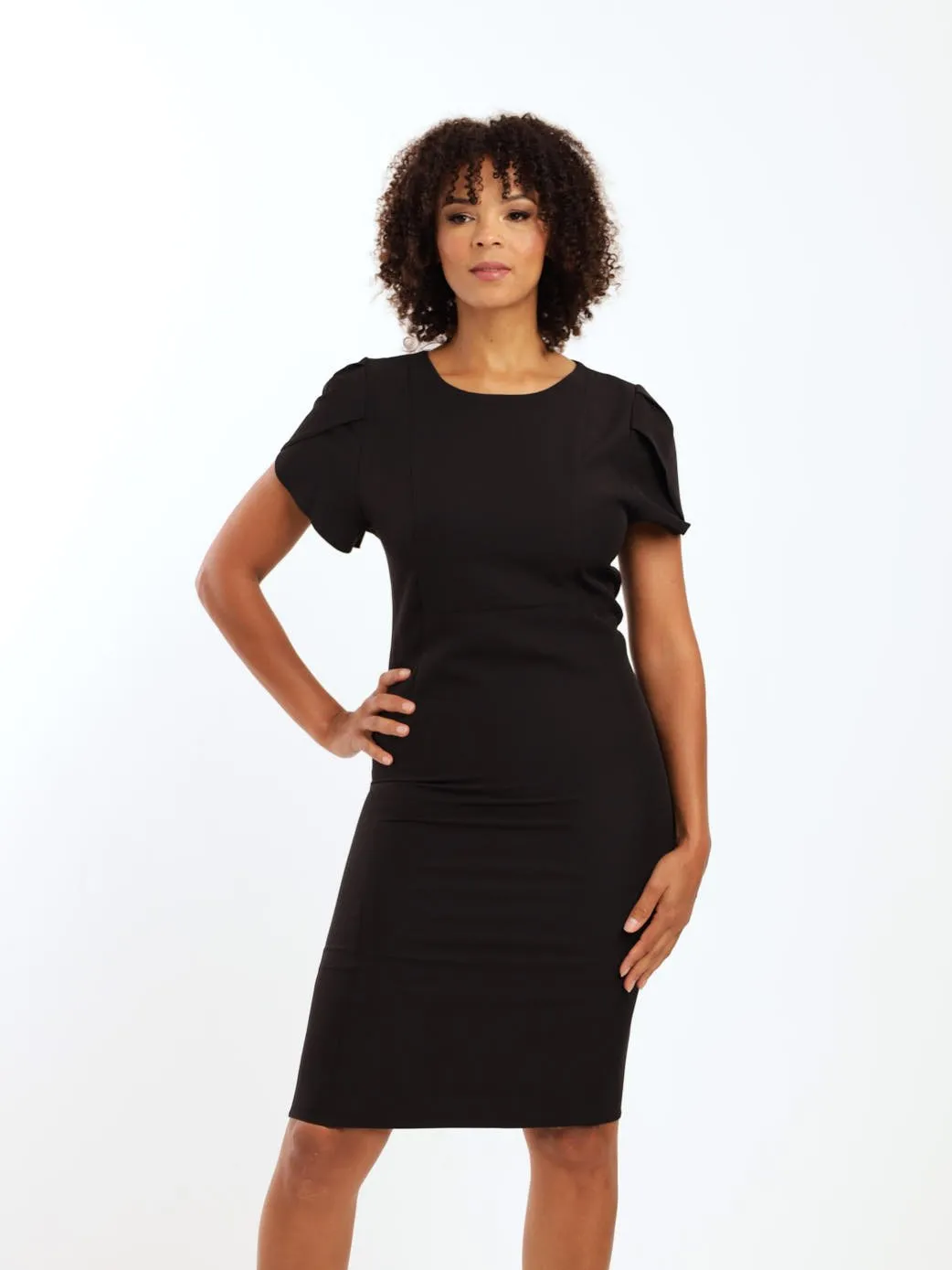 Ladies Petal Sleeve Shift Dress - Black