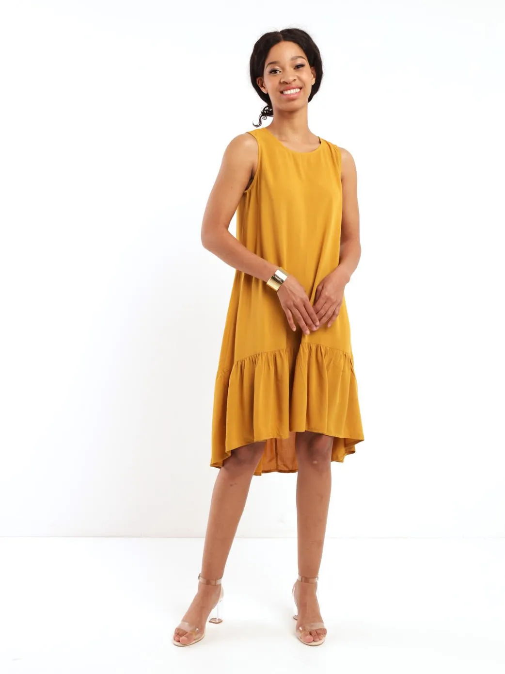 Ladies Sleeveless Tier Hem Shift Dress - Ochre