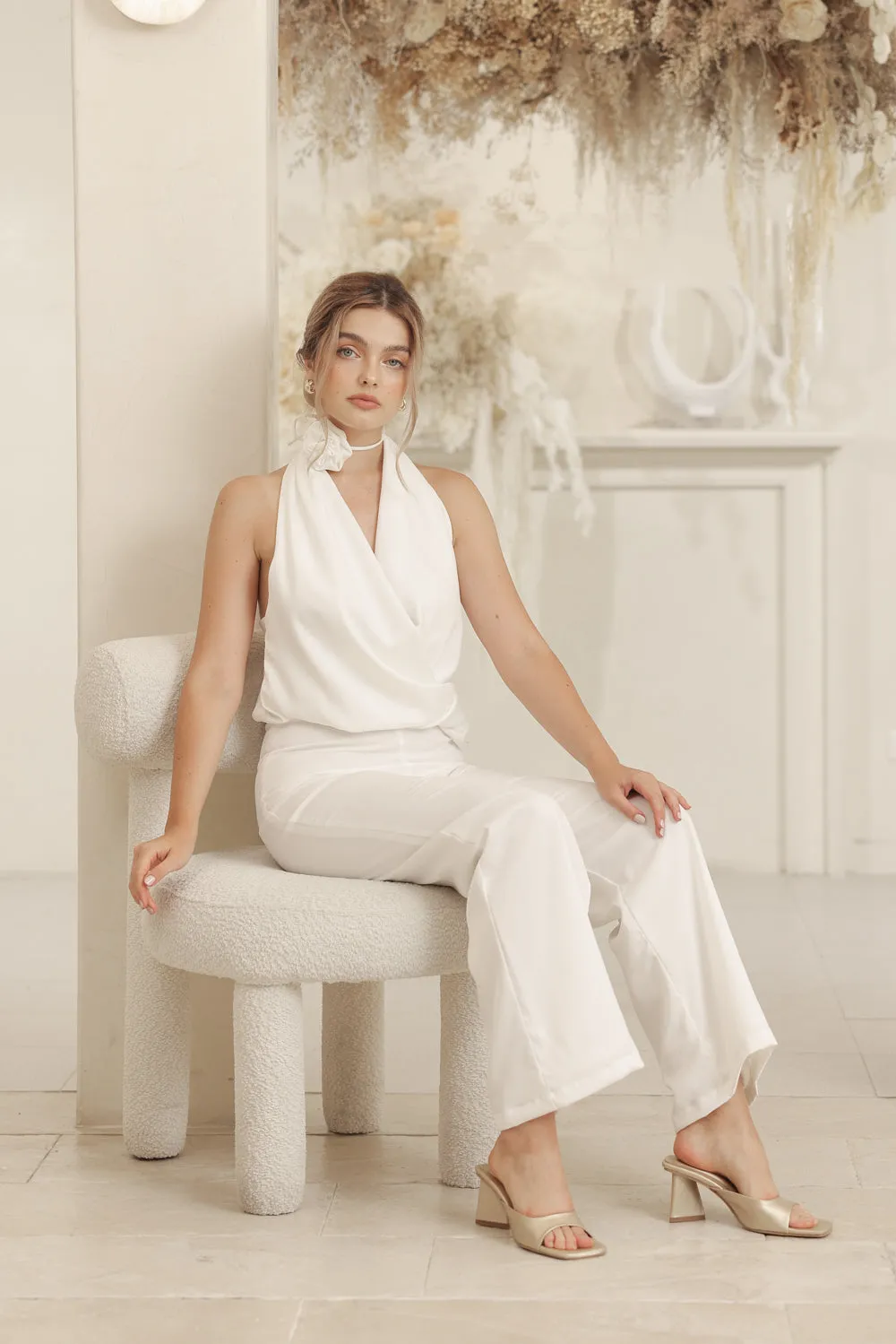 LEONIE PANT SET V Wrap Top and Straight Cut Pant (Ivory White Silk Crepe)