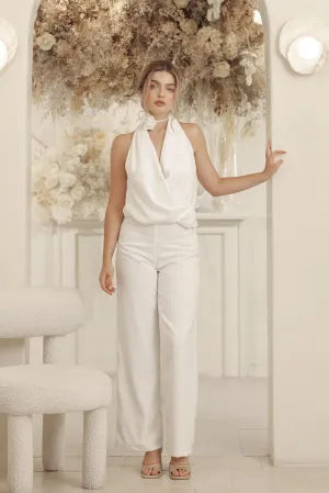 LEONIE PANT SET V Wrap Top and Straight Cut Pant (Ivory White Silk Crepe)