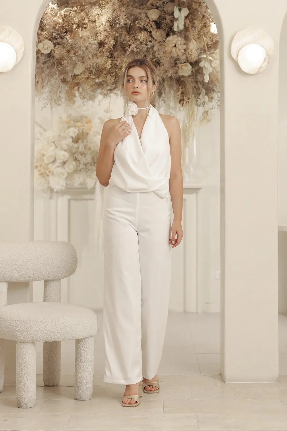 LEONIE PANT SET V Wrap Top and Straight Cut Pant (Ivory White Silk Crepe)