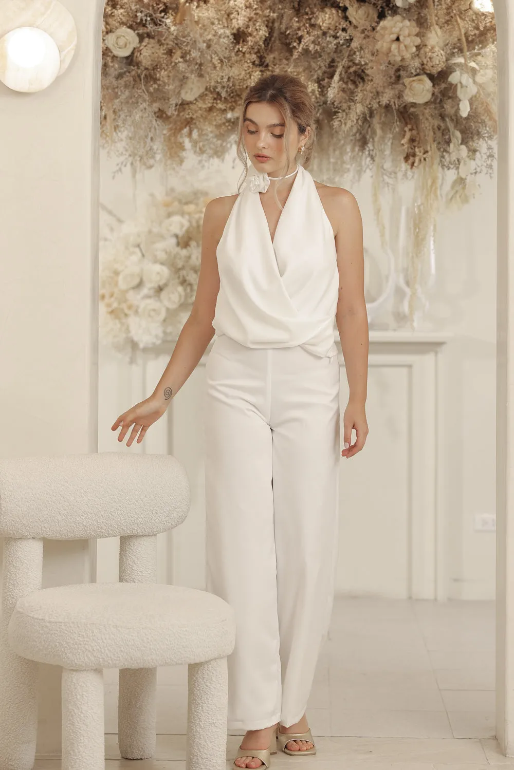 LEONIE PANT SET V Wrap Top and Straight Cut Pant (Ivory White Silk Crepe)