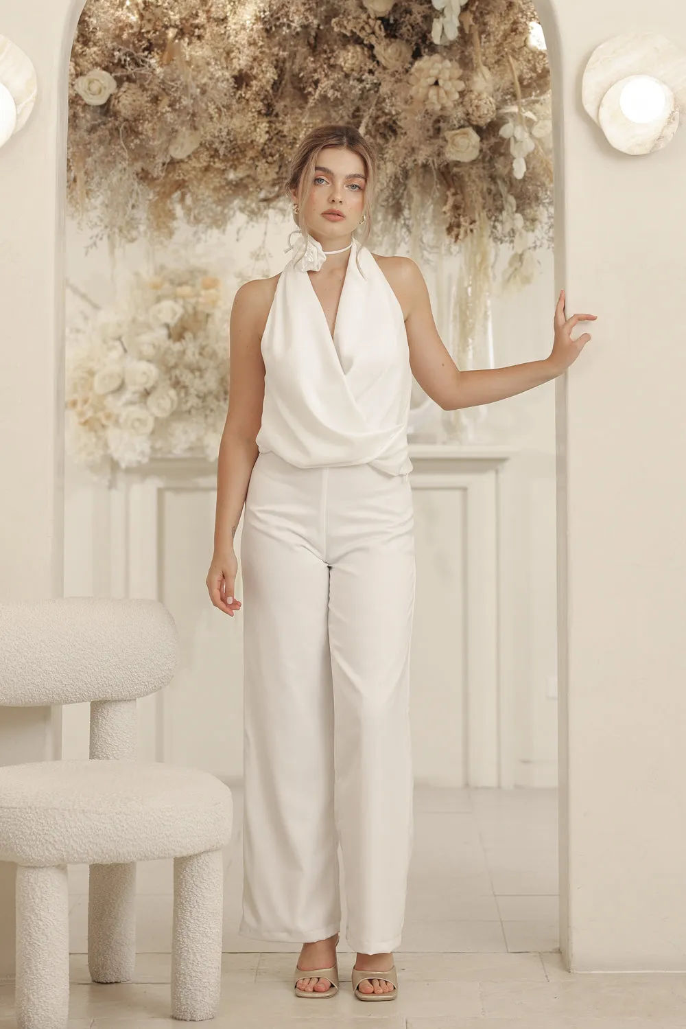 LEONIE PANT SET V Wrap Top and Straight Cut Pant (Ivory White Silk Crepe)