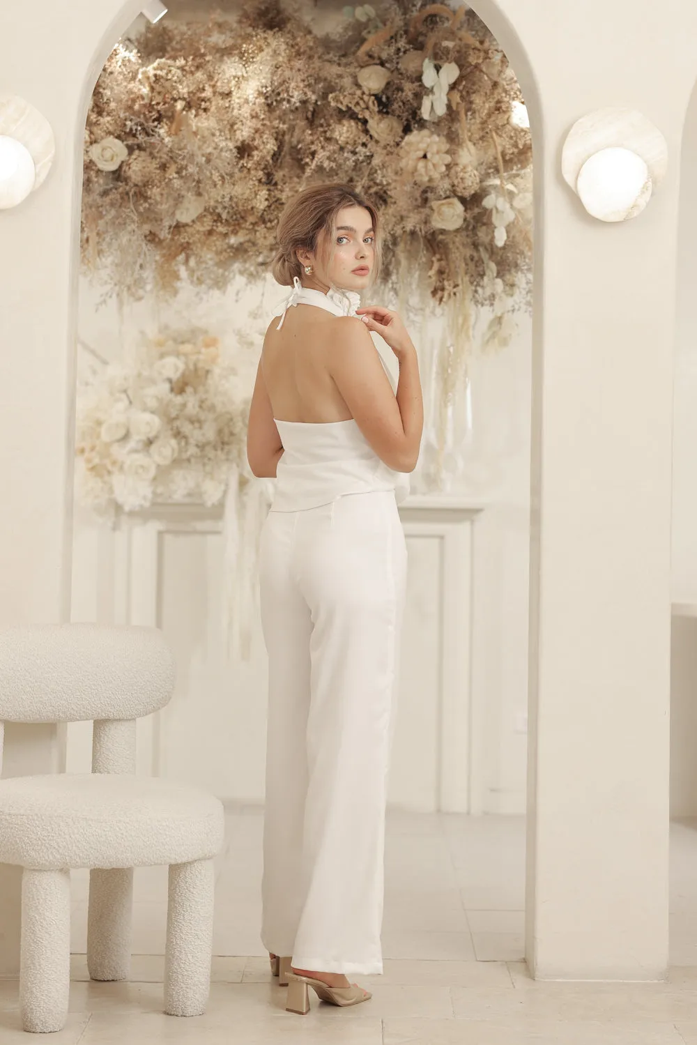 LEONIE PANT SET V Wrap Top and Straight Cut Pant (Ivory White Silk Crepe)