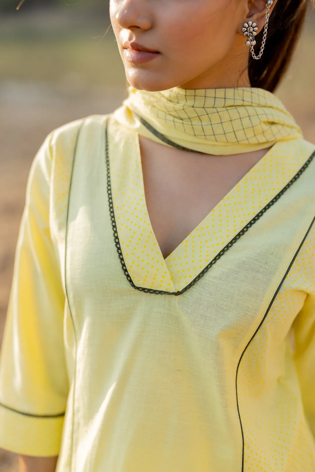 Light Lemon and Grey Kurta set with Jaamdani Dupatta