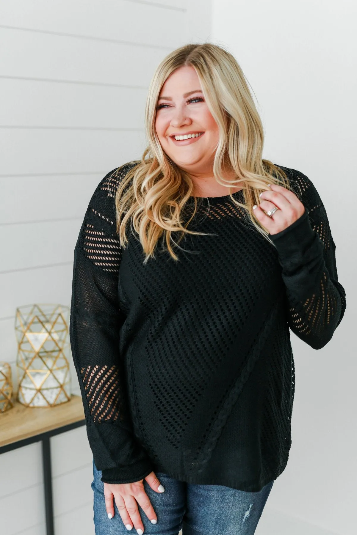 Love Like Crazy Open Knit Sweater- Black