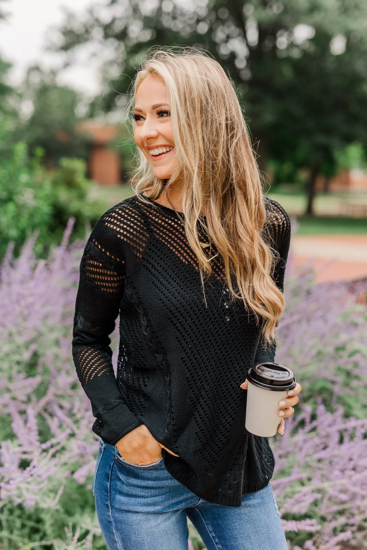 Love Like Crazy Open Knit Sweater- Black