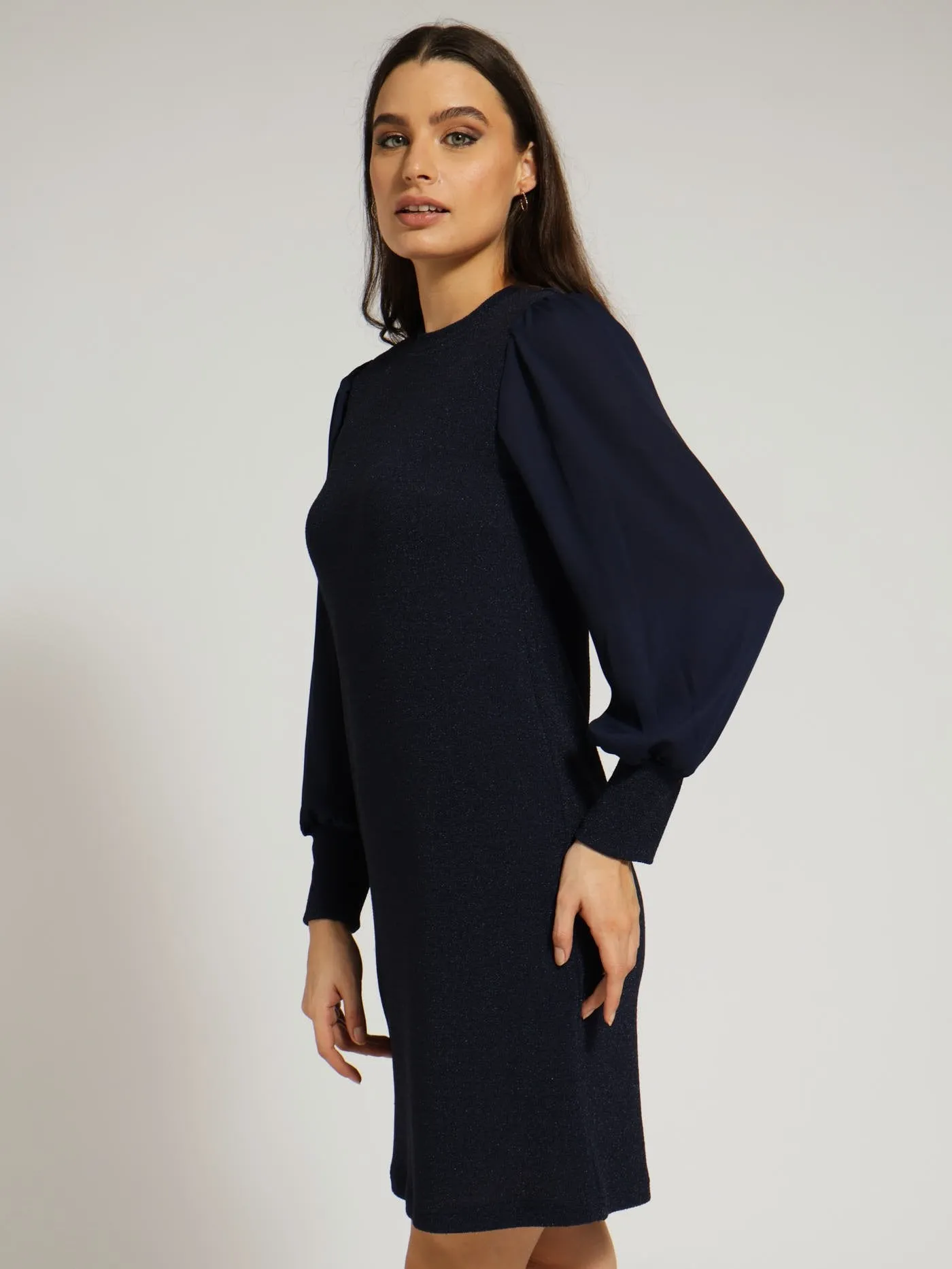 Lurex Combo Shift Dress - Navy