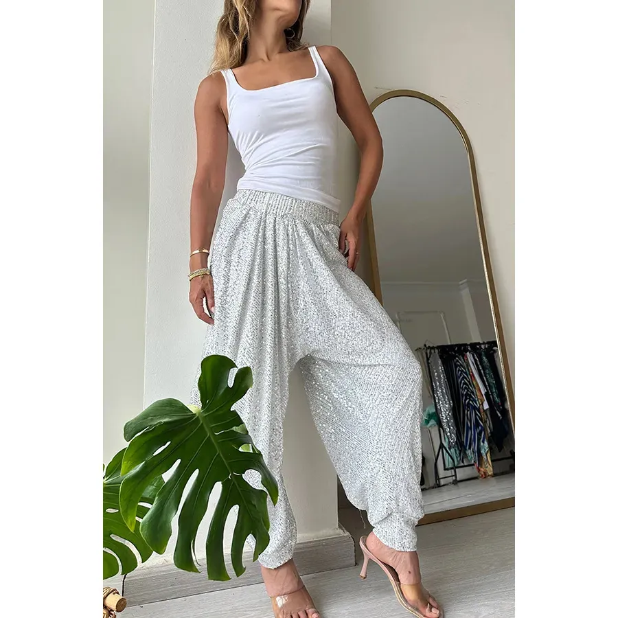 Lylah Sequin High-Waisted Draped Harem Pants