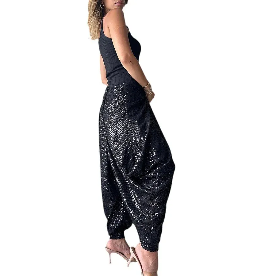 Lylah Sequin High-Waisted Draped Harem Pants