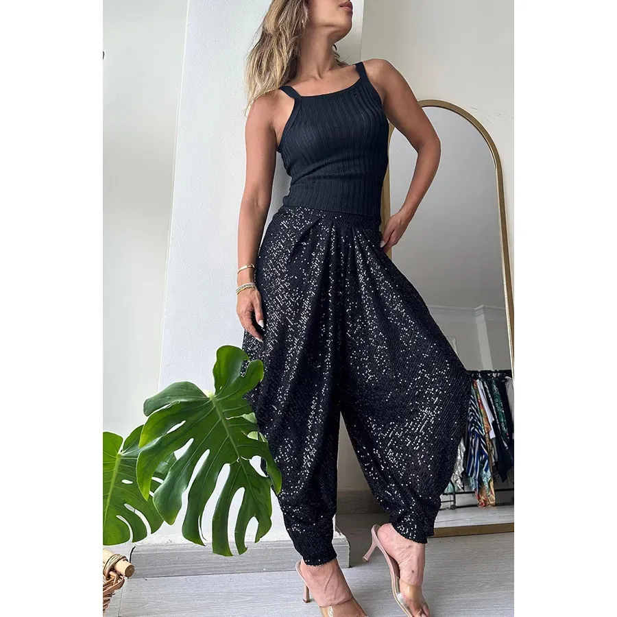 Lylah Sequin High-Waisted Draped Harem Pants