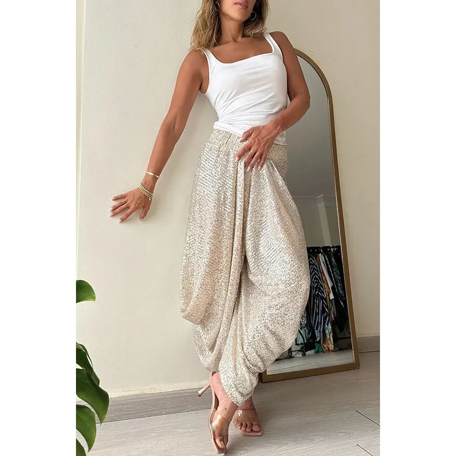 Lylah Sequin High-Waisted Draped Harem Pants