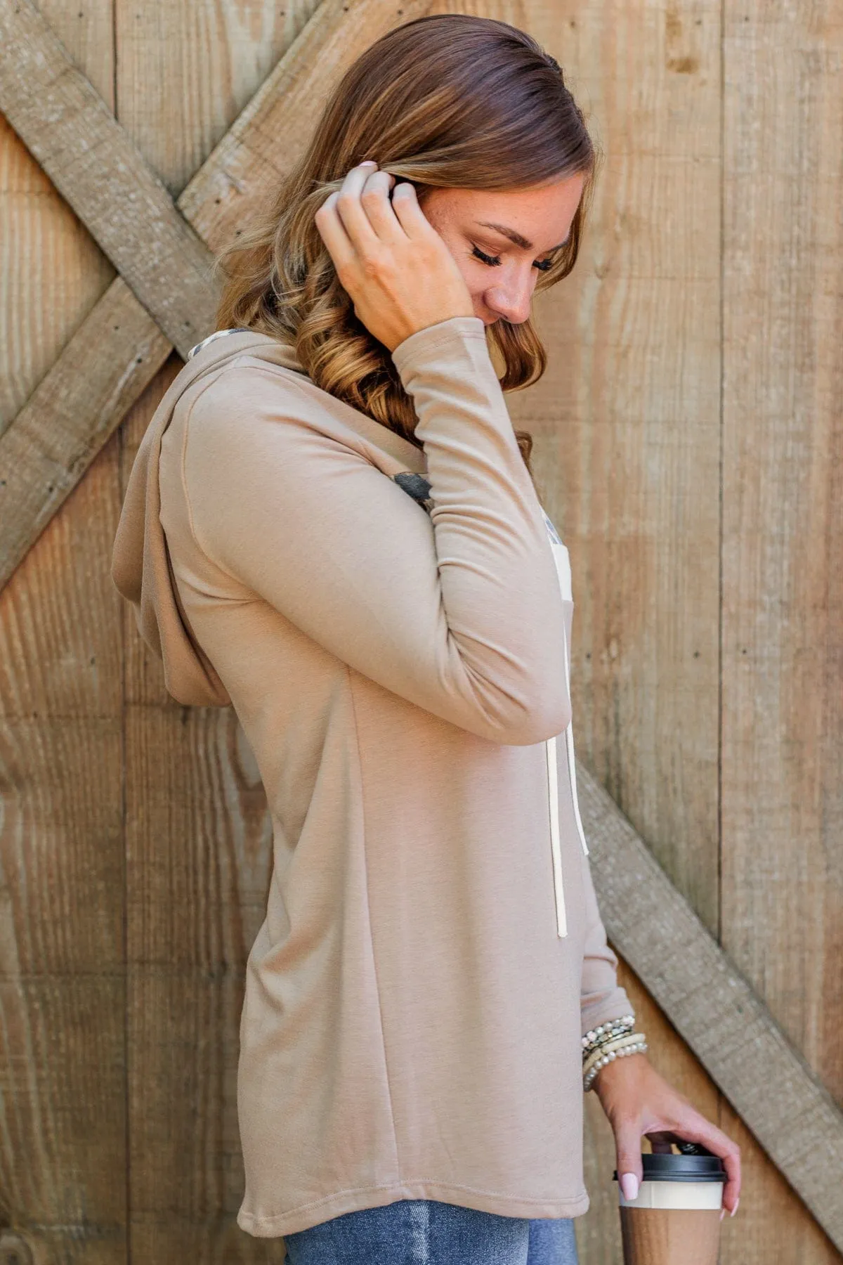 Make A Move Drawstring Hood Top- Taupe