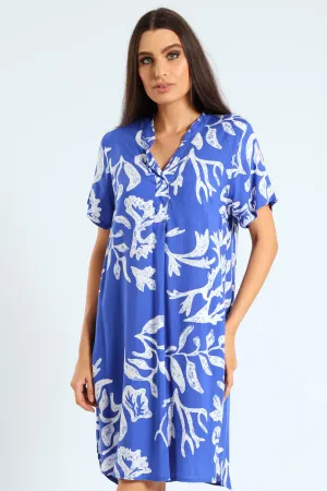 Mandarin Shift Print Dress - Blue