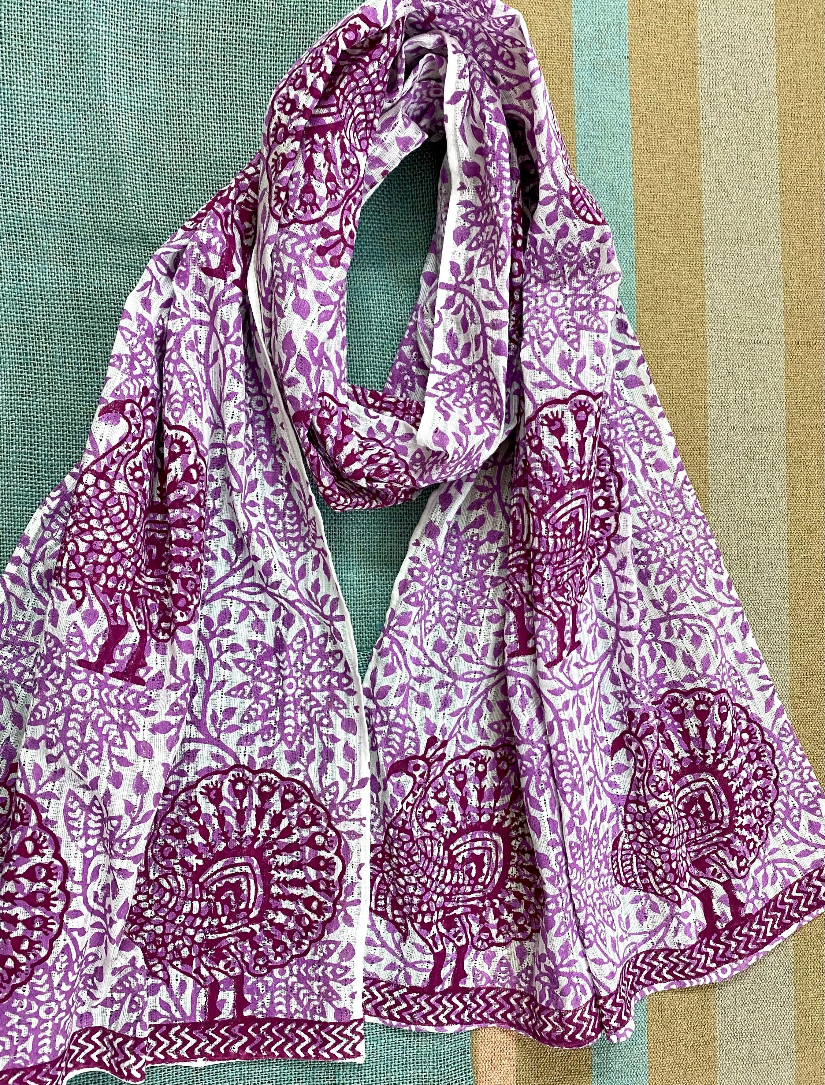 Mauve Peacock Dance Block Printed on Cotton Scarf