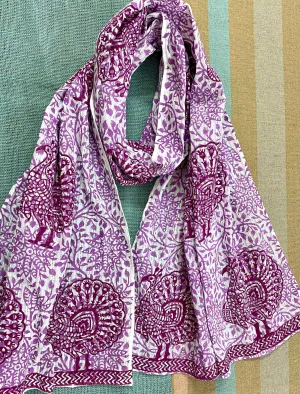 Mauve Peacock Dance Block Printed on Cotton Scarf