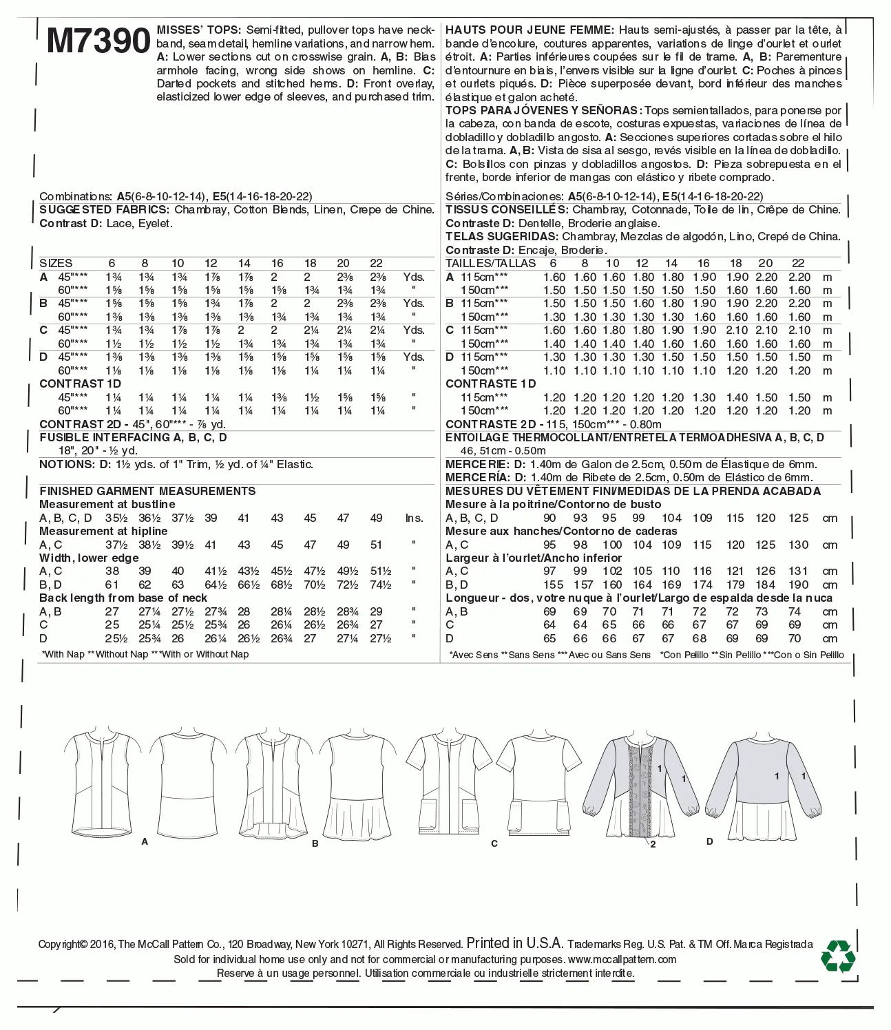 McCall's Pattern M7390 Misses' Split-Neck, Seam-Detail Tops