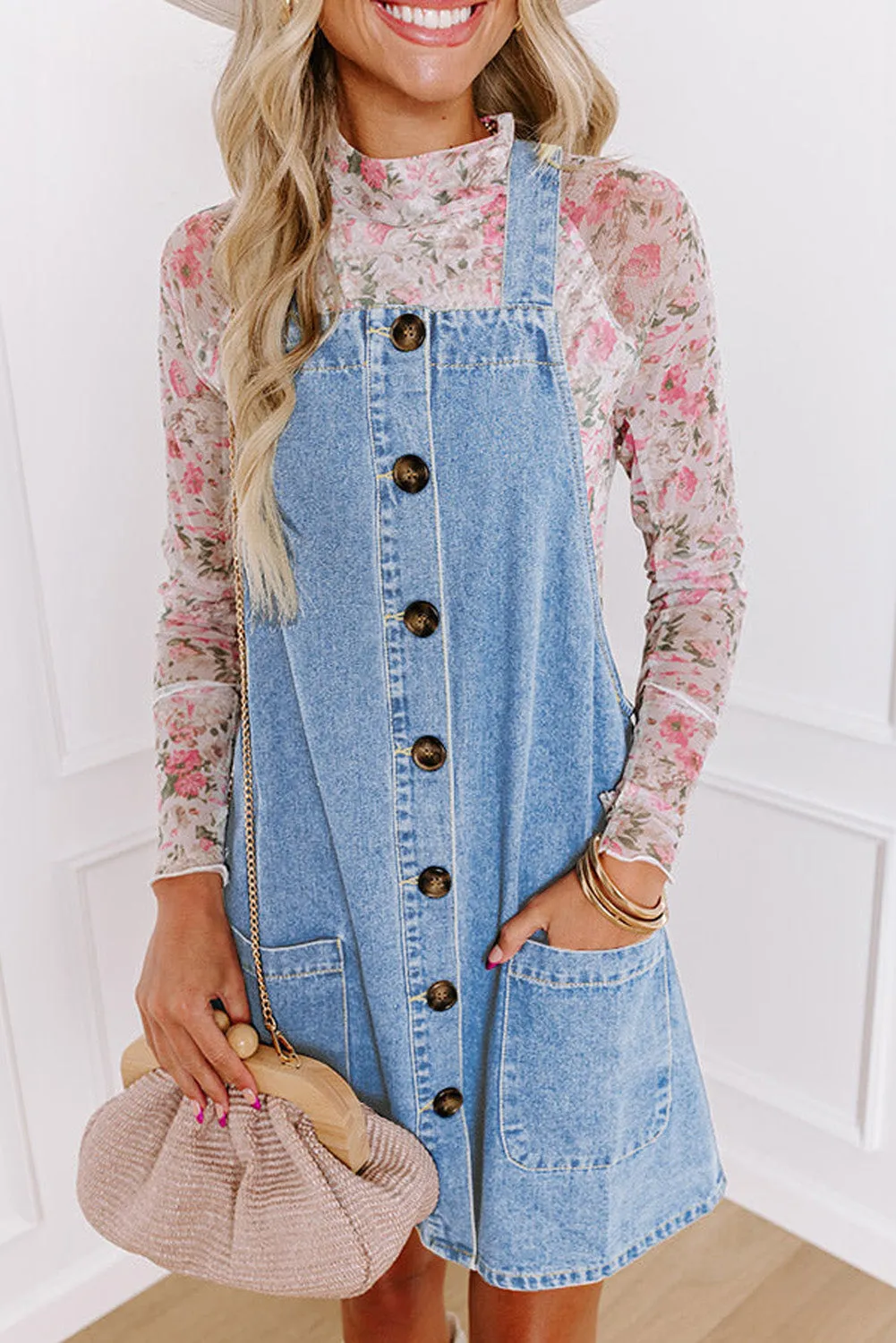 Medium Grey Wide Strap Button Front Pocketed Denim Mini Dress
