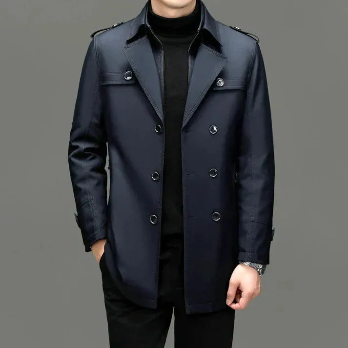 Men's coats in fine fabric with buttons and long trench coat design