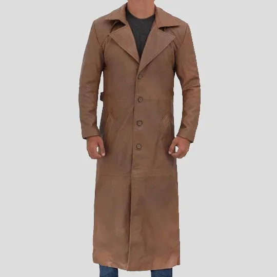 Men’s Long Brown Leather Trench Coat