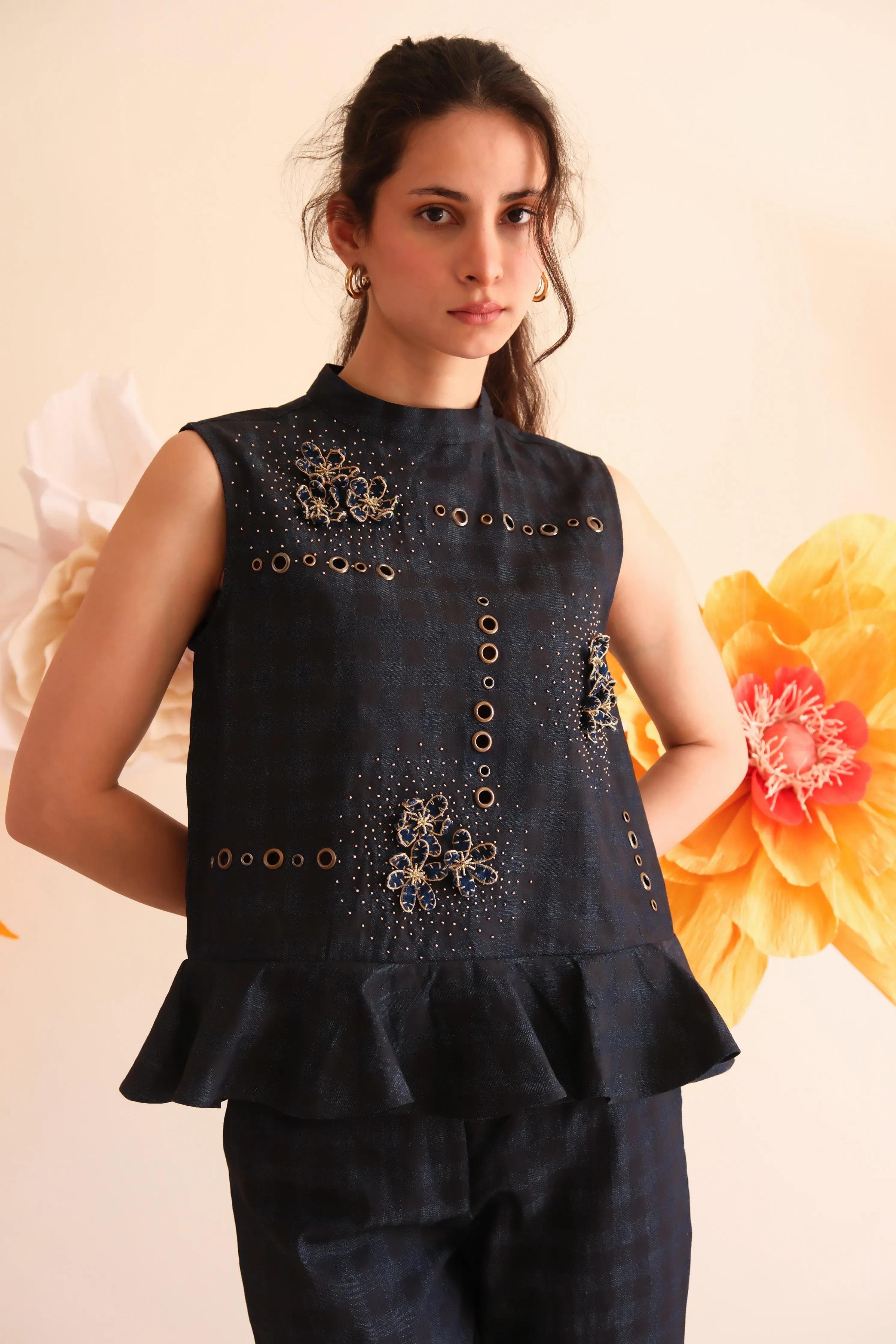 Midnight Blue Floral Checkered Top