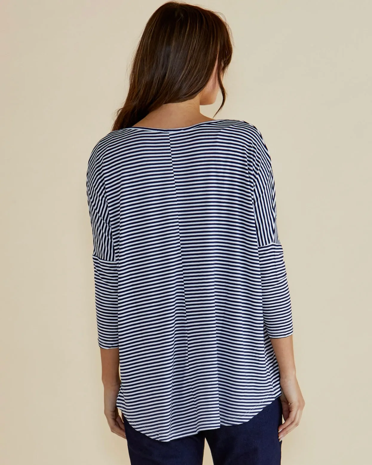 Milan 3/4 Sleeve Navy Stripe Tee By Betty Basics
