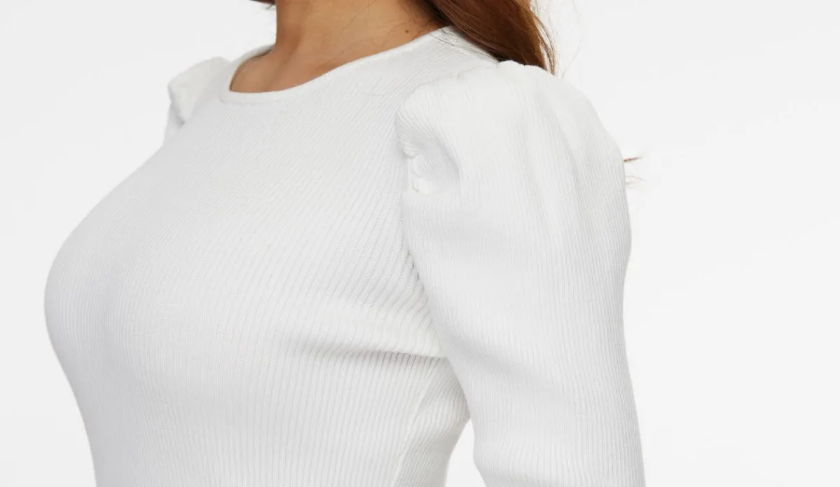 MM PUFFED SLEEVE RIBBED TOP 1/2 SLEEVE