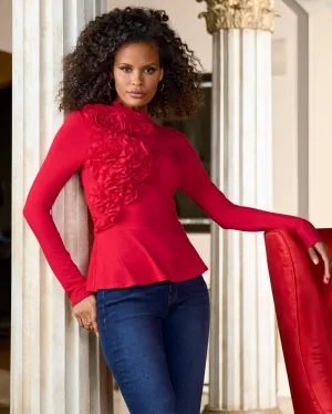 Mock Neck Chiffon Peplum Top Racing Red