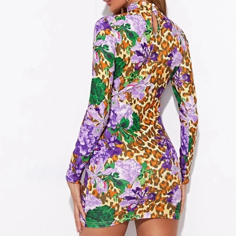 Mock-neck Leopard and Floral Bodycon Dress