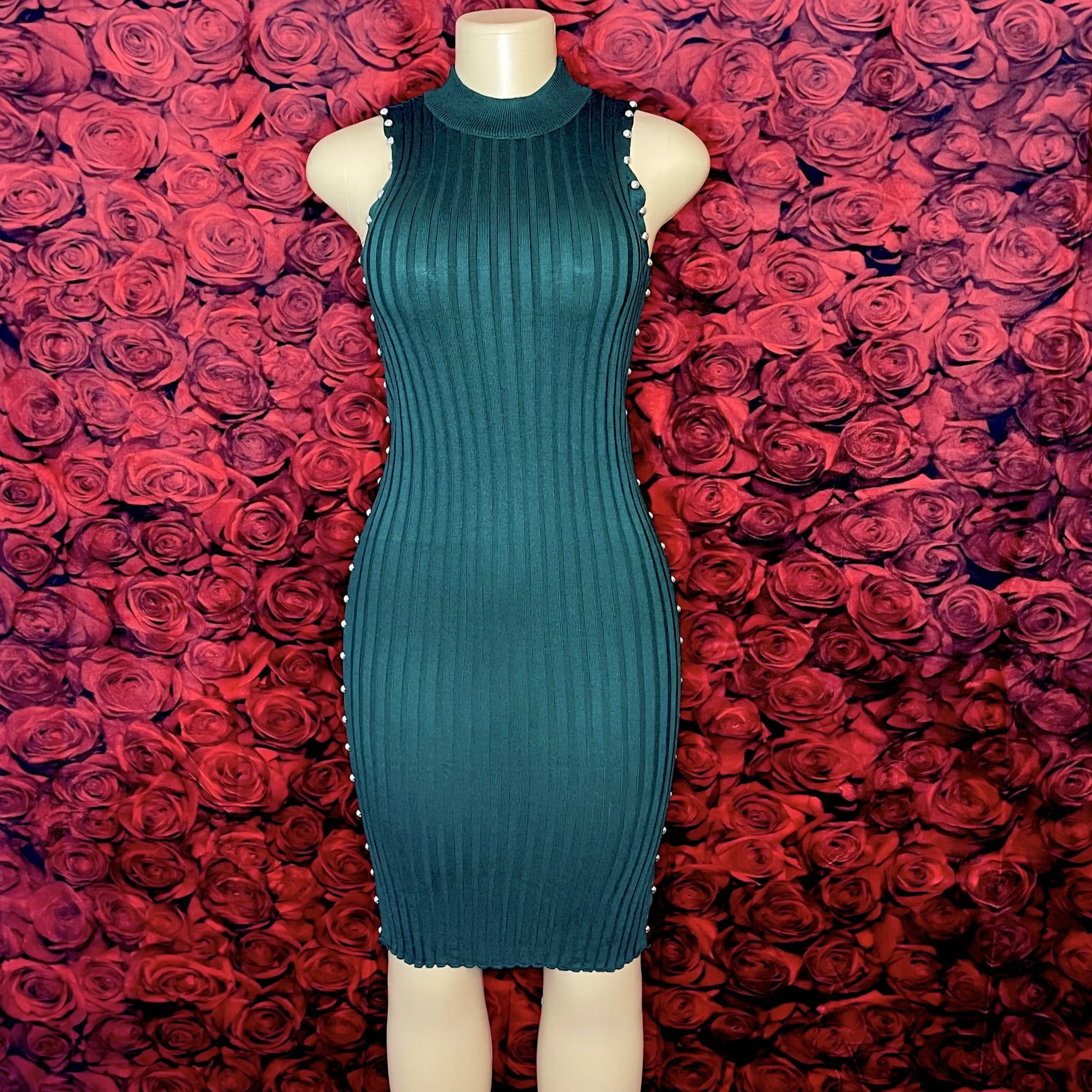 Mock-Neck Studded Rib-Knit Dress
